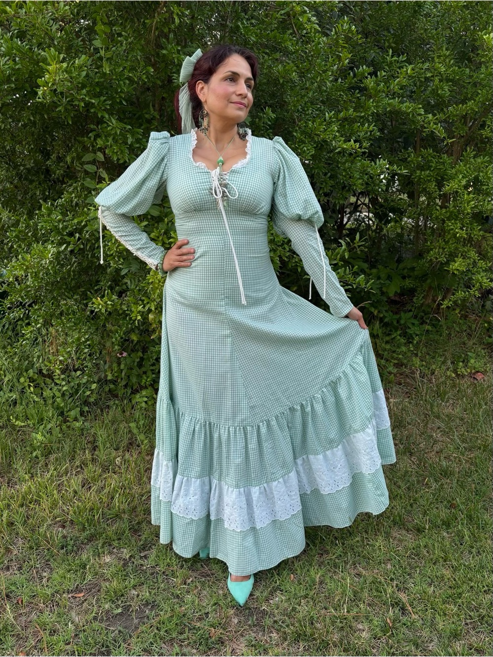 Light Green Gingham Gunne Sax Dress with Lace Trim